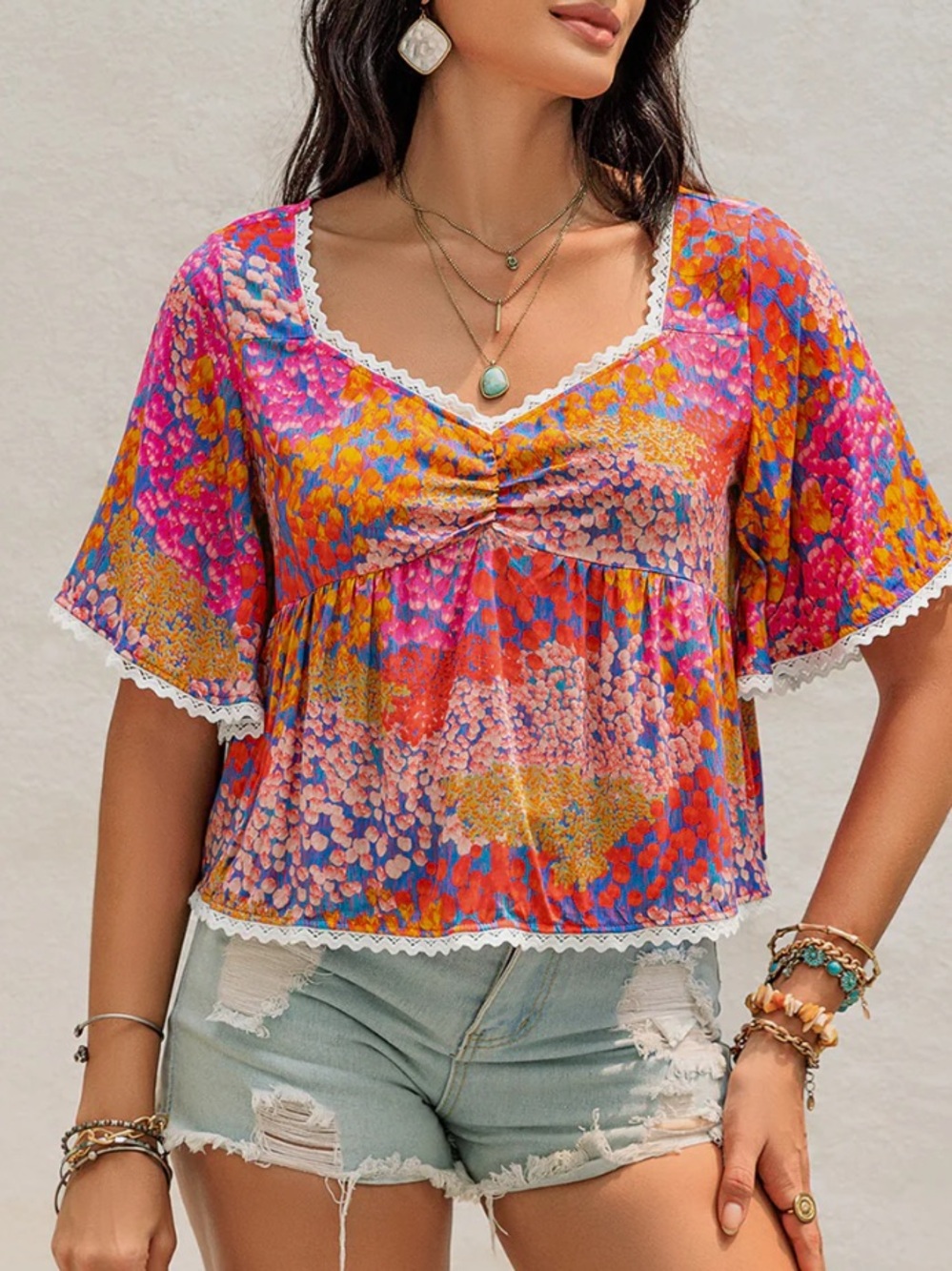 Rusttydustty Boho Ruched Printed Half
Sleeve Blouse Flowy Babydoll Size L